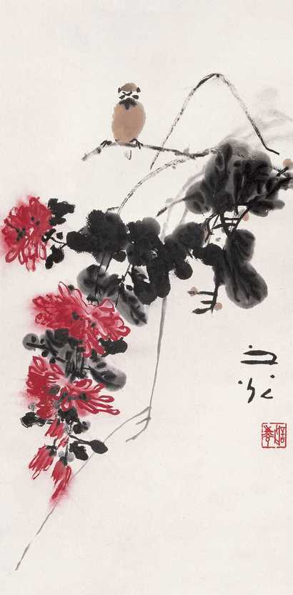 谢之光 花枝栖禽 立轴